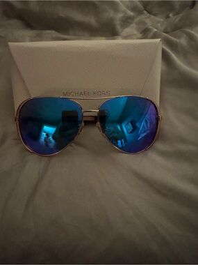 Michael Kors Gold-Frame Aviator Sunglasses with Blue Mirrored Lenses